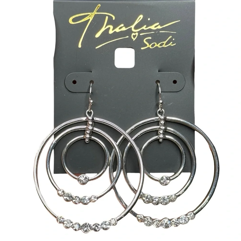 THALIA SODI Circle Rhinestone Earrings Tiered Silver Hooks NEW